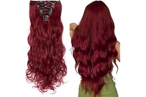 Silk-co Clip in Hair Extensions 24 inch Maroon&Dark Red 100% Synthetic Hairpiece Extension 8pcs Long Curly Wavy Hair Pieces For Full Head