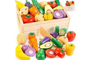 WOODMAM Wooden Play Food Set for Kids Kitchen | Velcro Chopping Veggies & Fruits Toy Food Set with Storage Case & Bag, Play Kitchen Accessories, Pretend Play Food for Toddlers 3+