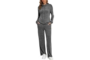 Famulily Cowl Neck Womens Tracksuit Sets Drawstring Long Sleeve Pullover Top and Elastic Waist Wide Leg Pants with Pockets
