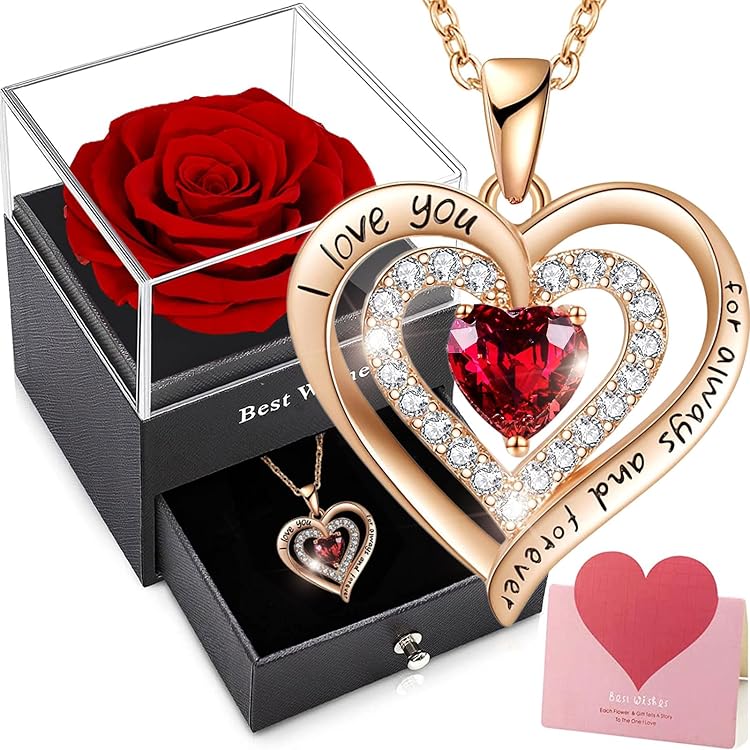 Rose Eternelle Collier Amazon Rose Éternelle Avec Collier Cœur - Cadeau Romantique Femme - Anniversaire, Saint Valentin Collier Rose