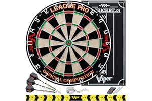 VIPER BY GLD PRODUCTS Viper League Pro Regulation Bristle Steel Tip Dartboard Starter Set with Staple-Free Bullseye, Radial Spider Wire, High-Grade Sisal with Rotating Number Ring, Chalk Cricket Scoreboard, Steel Tip Darts