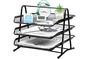 HIHOBDAY 3 Tier Sliding Paper Organiser Mesh Letter Tray Metal Magazine File Desk Storage For Office School Home, Black