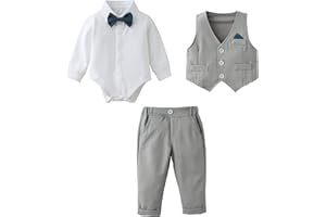 Amissz Baby Jungen Bekleidungsset Anzug 3-24 Monate, Kleinkind Gentleman Langarm Strampler Hemd + Hose + Weste + Fliege Festliche Taufe Hochzeit