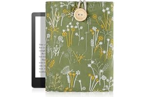 VincitoreModa Embroidered Green Plants 6-7 Inch Kindle Sleeve - Compatible with Kindle Paperwhite/Basic 6'', Paperwhite 11th 2021 6.8''/Signature 6.8'' Cotton Padded Pouch Sleeve Bag