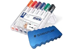 Staedtler Lumocolor 351 WP6 - Rotulador para pizarra blanca, punta redonda de aproximadamente 2 mm, 6 colores (1 funda + esponja para pizarra blanca)
