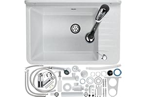 GOSPO Ausgussbecken aus Polypropylen, 50,5 x 34 x 26,5 cm, Spülbecken mit Armatur, Siphon, Seifenspender, Waschbecken, Haushaltsspülbecken (Weiß)