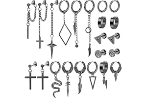 Kakonia 22 Pcs Dangle Earrings for Men Stainless Steel Hinged Huggie Hoop Earrings Punk Long Chain Stud Snake Feather Sword Cross Dangle Kpop Earrings for Men Black and Sliver Tone