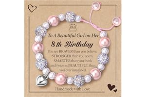CASSIECA Birthday Gifts for 3-16 Year Old Girls, Pink Pearl & CZ Ball Bracelets Adjustable with Heart Charms for 3-16 Year Old Girl Gifts, Girls Gifts Age 3-16 for Daughter Niece (Gift Box Given)