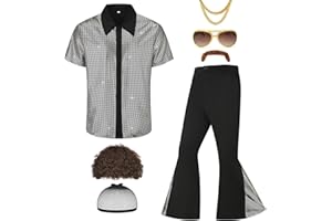 Ezuwail Herren 70er Jahre Disco Outfit Kostüm Kurzarmhemden Schlaghosen Perücken Halskette Schnurrbart Sonnenbrille 6Pcs