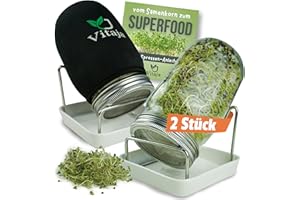 Vitaja Sprossenglas Keimglas Set mit Keramikschale - Set für Sprossen Anzucht - (inkl. Abdunklungshülle) - Keimgläser für Sprossenzucht - Anzuchtset für die Fensterbank (2er Set)