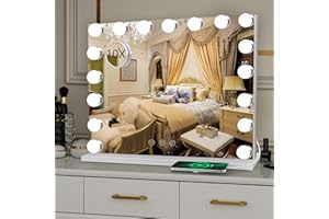 Umeiga Hollywood Vanity Mirror with Lights, 60X52cm Lighted Makeup Mirror with Touch Screen and USB Port to Charging, Large 17 Dimmable LED Bulbs 3 Lighting Modes Tabletop and Wall Mounted, White