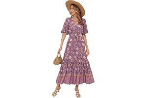 R.Vivimos Abito Boho Estivo Donna Abito Sexy Scollo a V Bottoni Manica Corta Vestito Elegante con Volant Orlo Abito Lungo Maxi da Spiaggia Casual per Le Vacanze