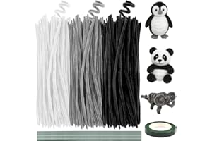 Deepton 300 pulitori per pipe, nero, bianco e grigio, filo di ciniglia, 30 cm x 6 mm, filo di peluche con 10 fili di ferro e 1 nastro per progetti fai da te