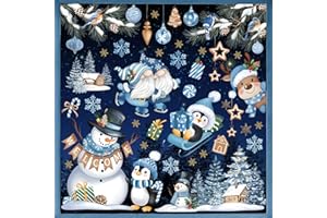 wondever Blue Winter Christmas Window Clings Penguin Gnome Snowman Pine Tree Glass Sticker Decal Anti Collision Double-Side Static Window Decals for Christmas Party