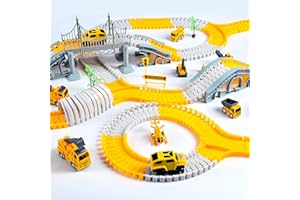 Blumacht 345-częściowy zestaw torów wyścigowych, elastyczny zestaw torów wyścigowych z 7 pojazdami budowlanymi i 2 samochodami elektrycznymi, koparka, zabawka, tor wyścigowy, zabawka dla chłopców od