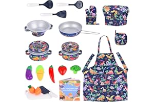 FUQUN 20Pcs Matschküche Zubehör Outdoor, Küchenspielzeug Zubehör Kinderküche Kochgeschirr Edelstahl Pfannenset Schürze und Kochmütze für Gemüse Pretend Spielzeug Rollenspiele Mädchen und Jungen