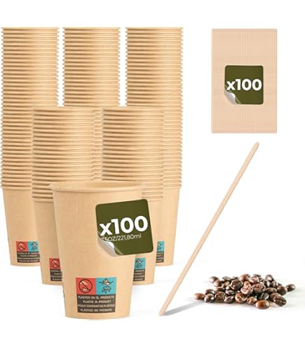 100 Vasos Blancos De 250 Ml + Tira De Cartón Térmico Para Café, Chocolate Y Bebidas Calientes