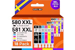 Supply Guy 580XXL 581XXL Bläckpatroner kompatibla med Canon PGI-580 CLI-581 med Fotoblå för Pixma TS8150 TS8250 TS8350 TS8350a TS8351 TS8351a TS8352 Multipack 18 patroner