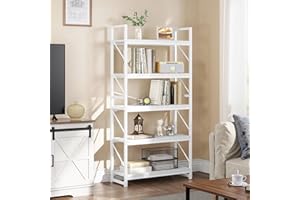 YITAHOME Estantería industrial de 5 niveles, estante grande de madera y marco de metal, estante de almacenamiento para sala de estar, oficina en casa, estantería blanca pura