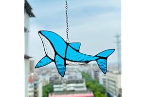 Teesalfync Whale Decor Stained Glass Window Hanging Bedroom Sea Beach Coastal Decor Handmade Ocean Theme Blue Glass Garden Suncatchers with Metal Chain - Gifts for Whale Lovers, Women (Whale)