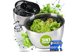 CleverChef 3 in 1 Salatschleuder Edelstahl 5L mit Dressing Shaker - Schleudern, Servieren, Aufbewahren BPA-Frei Salad Spinner Groß