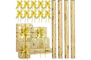 AhfuLife 4 Rouleau Papier Cadeau Blanc et Or, 43CM x 3M Papier Cadeau Noël Métallique Brillant Rouleaux avec Doré Ruban, pour Noël Décoration Anniversaire Mariage （A: Renne/Flocon de Neige）