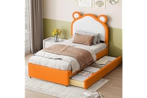 LATICO Kinderbett Polsterbett Einzelbett 90x200, Bett mit Stauraum 2 Schubladen, Kopfteil mit Ohren, Stauraumbett Bettgestell mit Lattenrost, Kinderbett Jugendbett, Ohne Matratze, Kunstleder Orange
