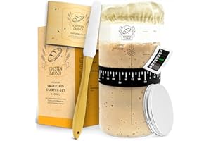 KRUSTENZAUBER Set di base per lievito naturale, 1000 ml, con spatola e termometro, accessori per la cottura del pane, vetro lievitato, fermentazione, kit di avviamento Sourdough, contenitore in vetro,