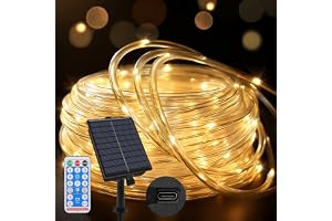 Joollurm Outdoor Rope Lights 65.6ft/20m 200 LEDs, Dual Solar & Type-C Charging, 8 Lighting Modes with Remote Timer, Waterproo
