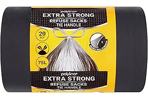 Polylina - Bin Bags Extra Strong, 75 Litre, 20 Premium Heavy Duty Tie Handle Black Bin Liners Refuse Sacks, Everyday Use, Household, Office & Kitchen Waste