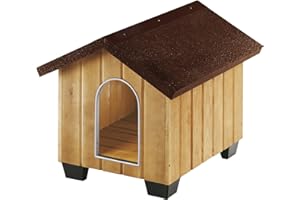 Ferplast DOMUS L Casetta per Cani in Legno FSC - Tetto Apribile con Chiusura, Impermeabile & Anti-UV - Griglia Aerazione - Porta Antimorso in Alluminio - Piedi Isolanti - 121 x 78 x h 78,5 cm