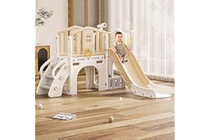 FUKEA 7-in-1 Kids Slide, Toddler Castle Slide with Stairs, Storage Box, Tunnel, Basketball Hoop, Ring Toss Set, Telescope, Garden Large Slide Playground for Toddlers age 1-6