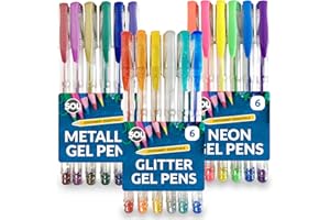 SOL 18pk Gel Pens, 3 Sets of Assorted Coloured Gel Pens for Writing, Glitter, Neon & Metallic Inks in Vibrant Colours, Smooth Ink Flow, Perfect for Journaling, Drawing, Crafting, and Office Supplies