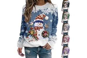 Générique Pull Noël Femme Manches Longues Col Rond Rigolo Noel Pull Christmas Moche Sweat Multicolore Imprimé Bonhomme de Neige Sweatshirt Grande Taille Pullover