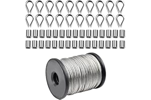 FODLON 50m Câble en Acier Inoxydable, 1.5mm Kit de Suspension d'Image, Tendeur fil a Linge, Cimaise pour Tableau, Câble Métallique avec Manchons à Sertir en Aluminium & M2 Dé à Coudre pour Rideaux Jardin