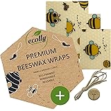 ecolly Involucri di cera d'api - Set di 3 (S, M, L), Salviette di cera d'api, Carta di cera d'api, Premium Beeswax Wraps, Pla