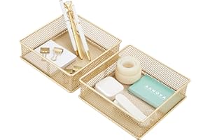 Annova Mesh Drawer Cabinet and Shelf Organizer Bins Storage Basket School Office Supply Holder Tray- Set of 2 (Gold, 15x15x5 cm)