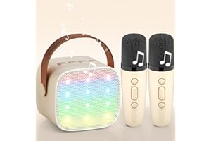 Kids Karaoke Machine 2 Microphones, Upgrade Wowstar Karaoke Machine for Girls Boys Kids Children Adults, Portable Bluetooth Speaker/Voice Changer/Led Lights/Toy Gift Party Game (Beige)