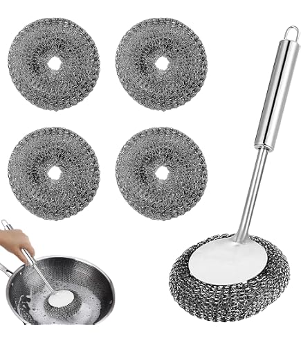 Set Spazzole In Acciaio Inox Per Pulizia Con Manico Lungo E Corto, 2 Pagliette Di Ricambio E Panno, Per Pentole, Padelle E Lavello