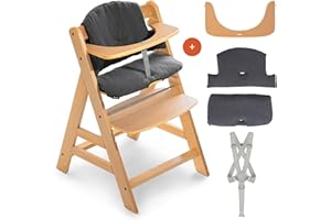 hauck Hochstuhl Alpha+ - Mitwachsender Holz-Kinderhochstuhl, höhenverstellbar, mit Sitzkissen, Schutzbügel & Gurt ab 6 Monaten - Natur