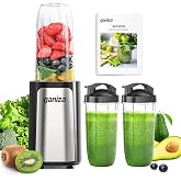 Ganiza Glass Blender, Power 900 W Stand Mixer with 3 Portable Cups (2 x 500 ml and 1 x 700 ml), Mini Blender with 4 Stainless