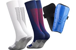 Aquzhou 2 Pairs Kids Football Socks with Kids Shin Pads, Aged 6-13 Boys Football Socks Cushioned Knee High Breathable Girls Boys Soccer Sock for Junior