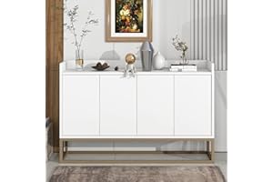KECDUEY Cassettiera, credenza con gambe in metallo dorato, 120 x 30 x 80 cm, moderna credenza in stile minimalista, 4 porte, senza maniglie, per sala da pranzo, soggiorno, cucina (bianco)