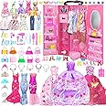 159 Pcs Doll Closet Wardrobe Set, Compatible with Barbie Clothes, 1 Wardrobe, 2 Luxurious Dresses, 2 Fishtail Skirts, 3 Fashion Dresses, 4 Tops Pants, 10 Suspender Skirts, 137 Accessories