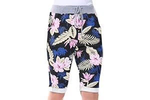 Love My Fashions® Women's Italian Shorts Ladies Summer Cotton Turn-Up 3/4 Cropped Printed Trousers Elasticated Drawstring Knee-Length Denim Magic Shorts