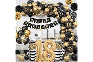 RAINLLON 18th Birthday Decorations for Boys Girls,Black Gold 18th Balloons Party Decorations,Number 18 Balloons,Black Gold 18th Birthday Balloons,18th Happy Birthday Banner for 18th Birthday Party Decorations