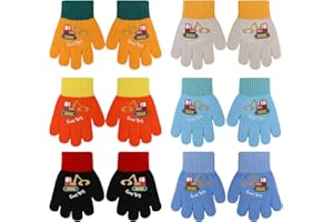 QKURT 6 Pairs Toddler Knitted Gloves, Kids Winter Cold-proof Full Finger Stretch Gloves with Excavator Pattern for 2-4 Years Boys Girls