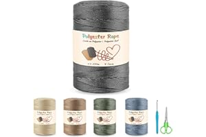 ESTCOO 250m Premium Fil de Crochet en Polyester,2mm Polypropylène pour Macramé Corde + 1 Ciseaux + 1 Crochet,100% Polyester Corde pour Crochet et Tricot pour Hanging,Tapisserie,Rideau,Travaux Manuels,Gris