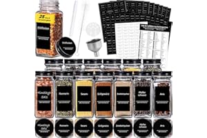 Bathola Gewürzgläser Eckig, Set von 25, 120ml Gewürzdosen, Gewürzbehälter mit 512 Schwarzem Etikett, Gewürzgläser mit Zubehör, Schwarzer Deckel Gewürze Aufbewahrung