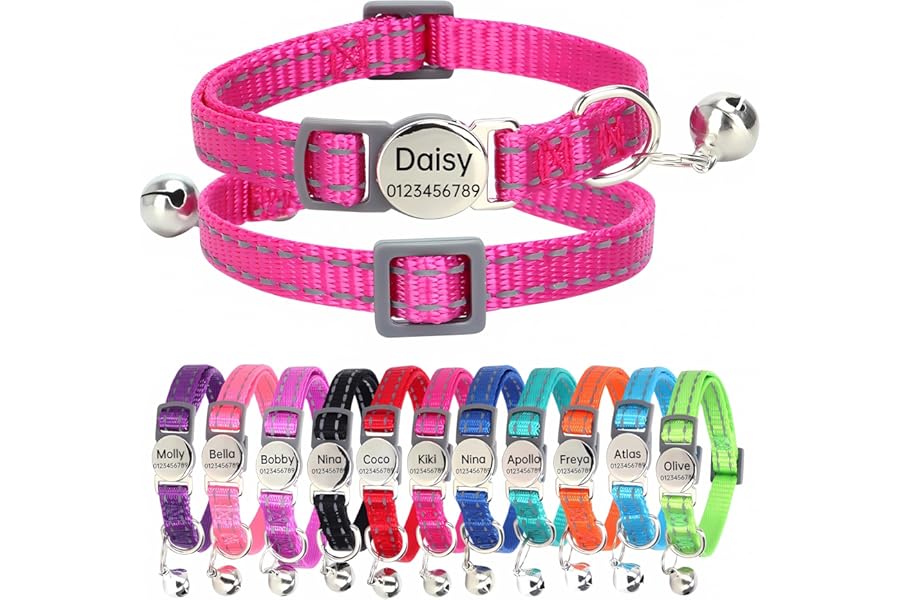 SEOUGEE Cat Collar Quick Release with Personalised Name Tag, Reflective Kitten Collars with Bells & Safety Release, 19-30 CM Adjustable, Rose Red